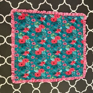 Teal Floral Satin Lovey with Pink Ruffle